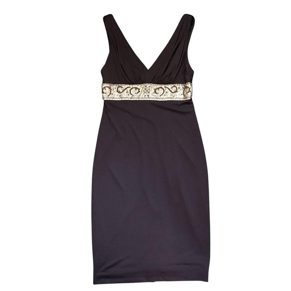 David Meister Brown and Tan V-Neck Dress: Y2K, Modern